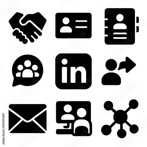 Networking Icons Grid. Solid, filled icons set of networking and connections: handshake icon, introduction