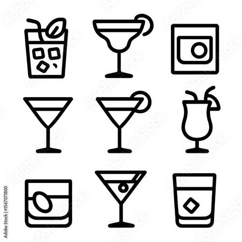 Cocktail Icon Grid. Solid, filled icon set of cocktail types: mojito, margarita, old fashioned, cosmopolitan, daiquiri, pina