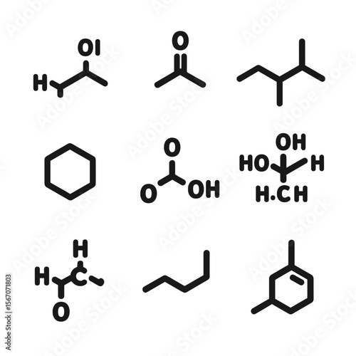 Organic Chemistry Icons. Solid, filled icon set of organic chemistry molecules: ethanol, acetone, butane, propane, benzene, acetic