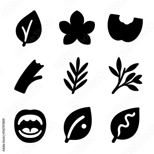 Caterpillar Feeding Icons. Solid, filled icons set of caterpillar diet and feeding: green leaf, flower petal,