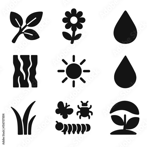 Caterpillar Habitat Icons. Solid, filled icons set of caterpillar habitats and surroundings: leafy branch,
