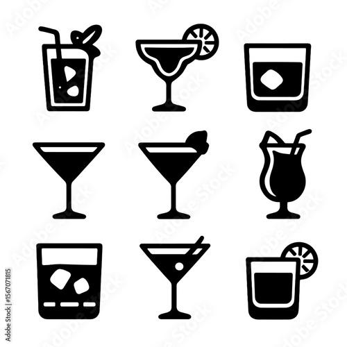 Cocktail Icon Grid. Solid, filled icon set of cocktail types: mojito, margarita, old fashioned, cosmopolitan, daiquiri, pina
