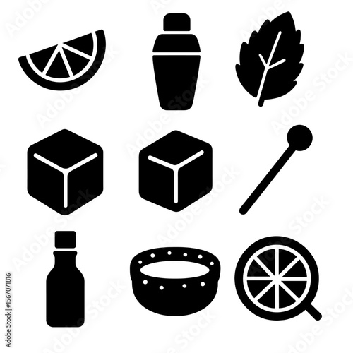 Cocktail Icon Grid. Solid, filled icon set of cocktail ingredients: lemon wedge, cocktail shaker, mint leaf, sugar cube, ice cube,