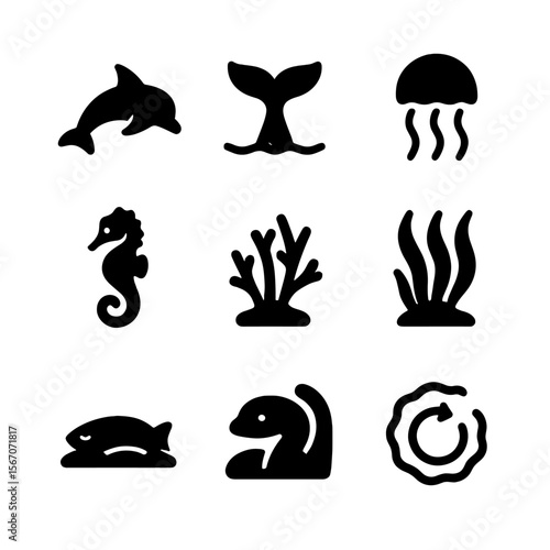 Aquatic Sleep Icons. Solid, Filled icon set of aquatic sleep adaptations: dolphin fin tuck, whale tail, jellyfish drift, seahorse