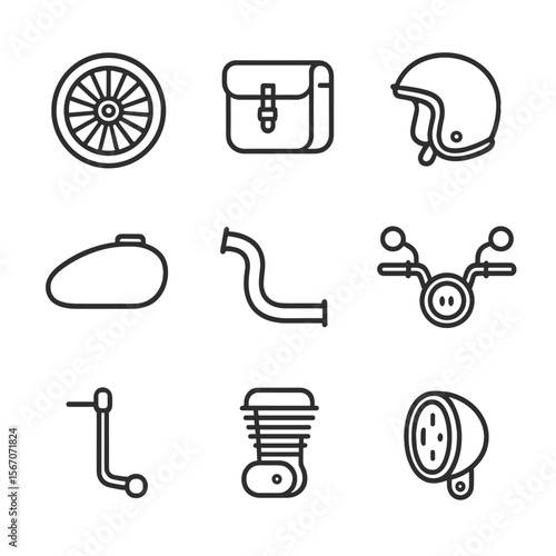 Retro Motorcycle Icons. Outline icon set of retro motorcycle features: spoked wheel, leather saddlebag, retro helmet, fuel tank