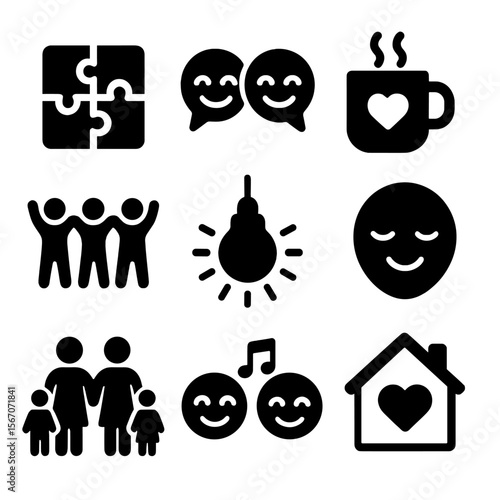 Family Icon Set. Solid, filled icons set of family teamwork and connection: puzzle icon, shared laugh, warm