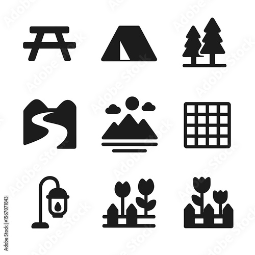 Outdoor Cooking Icon Set. Solid, filled icon set of outdoor cooking settings: picnic table, camping tent, forest, river, mountain,