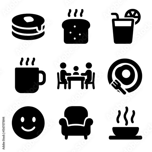 Family Breakfast Icons. Solid, filled icons set of family breakfast time: pancake icon, warm toast, fresh