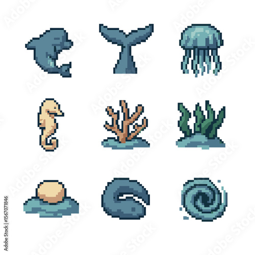 Aquatic Sleep Icons. Pixel art icon set of aquatic sleep adaptations: dolphin fin tuck, whale tail, jellyfish drift, seahorse