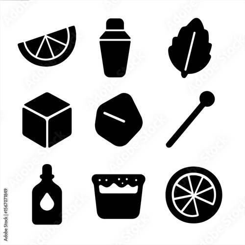 Cocktail Icon Grid. Solid, filled icon set of cocktail ingredients: lemon wedge, cocktail shaker, mint leaf, sugar cube, ice cube,