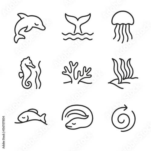 Aquatic Sleep Icons. Outline icon set of aquatic sleep adaptations: dolphin fin tuck, whale tail, jellyfish drift, seahorse