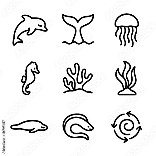 Aquatic Sleep Icons. Outline icon set of aquatic sleep adaptations: dolphin fin tuck, whale tail, jellyfish drift, seahorse