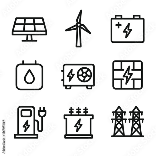 Energy Technology Icons. Solid, filled icon set of Mining power and energy technologies: solar panel array, wind turbine, energy