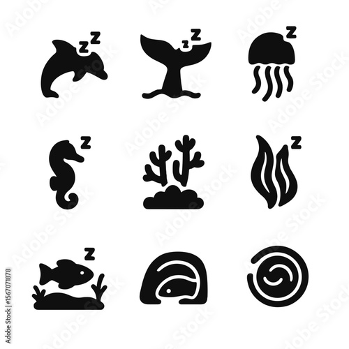 Aquatic Sleep Icons. Solid, Filled icon set of aquatic sleep adaptations: dolphin fin tuck, whale tail, jellyfish drift, seahorse