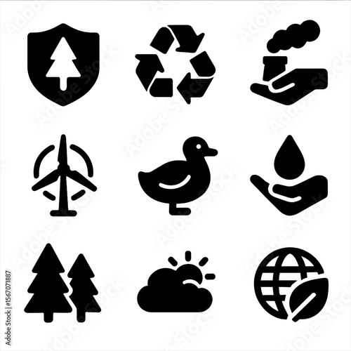 Environmental Icon Set. Solid, filled icon set of Province environment: protected area, recycling, pollution control, green energy