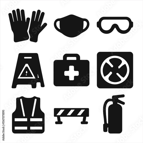Cleaning Safety Icons. Solid, filled icon set of cleaning safety: gloves, mask, goggles, caution sign, first aid kit, ventilation