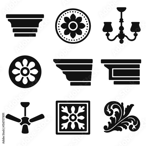 Ceiling Decor Icons. Solid, filled icons set of ceiling decorative elements: crown molding, medallion,