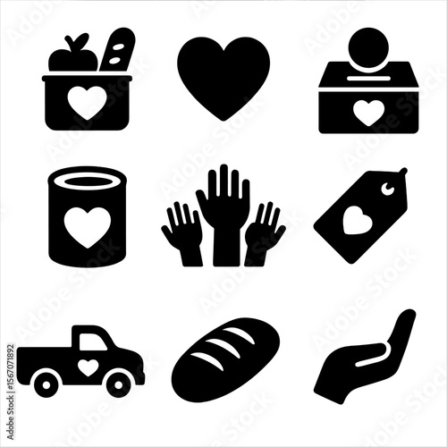Nonprofit Food Icons. Solid, filled icons set of nonprofit food networks: food bank icon, charity heart,