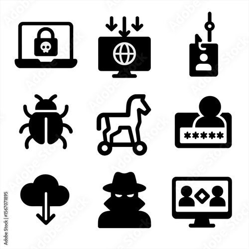 Cyber Attack Icons. Solid, filled icon set of cyber attack types: ransomware, DDoS attack, phishing scam, spyware, virus, trojan
