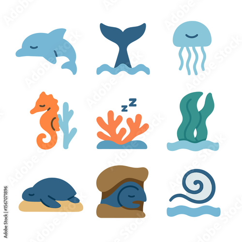 Aquatic Sleep Icons. Flat icon set of aquatic sleep adaptations: dolphin fin tuck, whale tail, jellyfish drift, seahorse clinging,