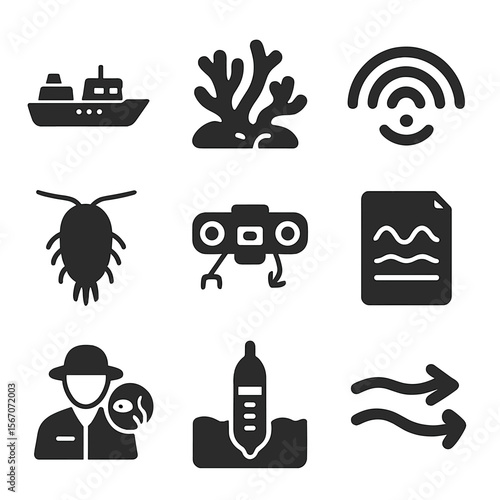 Oceanography Icons Grid. Solid, filled icons set of oceanography and the study of marine ecosystems: research