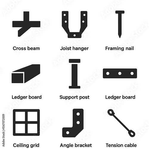Ceiling Framing Icons. Solid, filled icons set of ceiling framing components: cross beam, joist hanger,