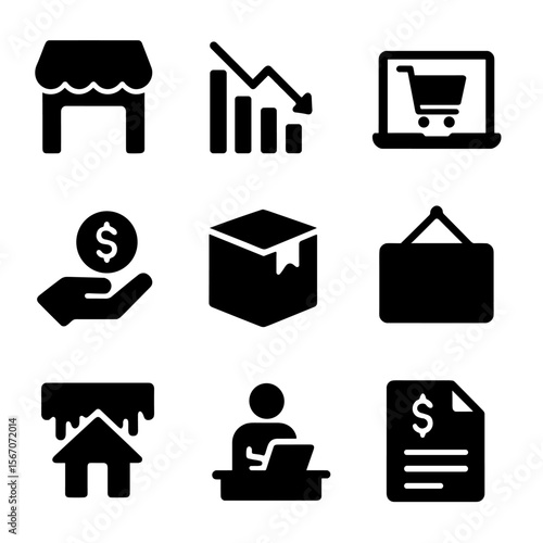 Pandemic Economic Impact Icons. Solid, filled icon set of economic impact of pandemics: closed store, unemployment chart, online