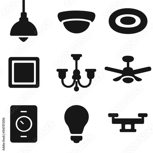 Ceiling Light Icons. Solid, filled icons set of ceiling light fixture: pendant lamp, flush mount, recessed