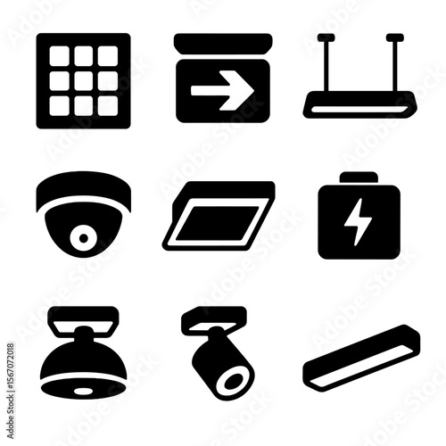 Ceiling Light Icon Set. Solid, filled icons set of ceiling lights in commercial spaces: grid panel light,