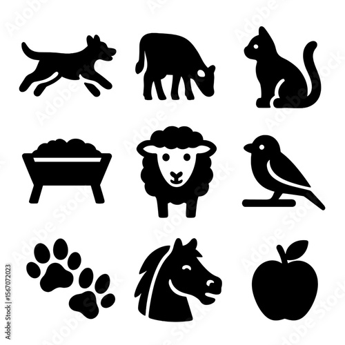 Farm Animal Icons. Solid, filled icons set of farm animals and horse companions: dog running, grazing cow,