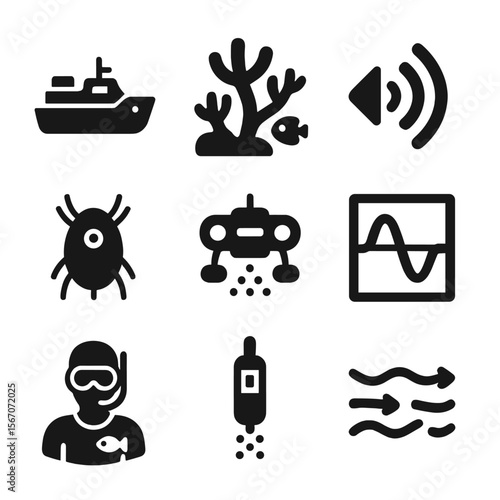 Oceanography Icons Grid. Solid, filled icons set of oceanography and the study of marine ecosystems: research
