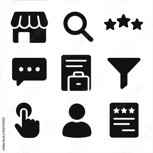 Online Gig Marketplace Icons. Solid, filled icons set of online gig marketplaces: storefront, search magnifier