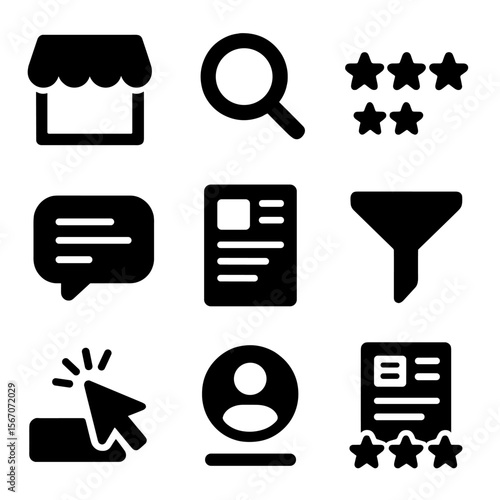 Online Gig Marketplace Icons. Solid, filled icons set of online gig marketplaces: storefront, search magnifier