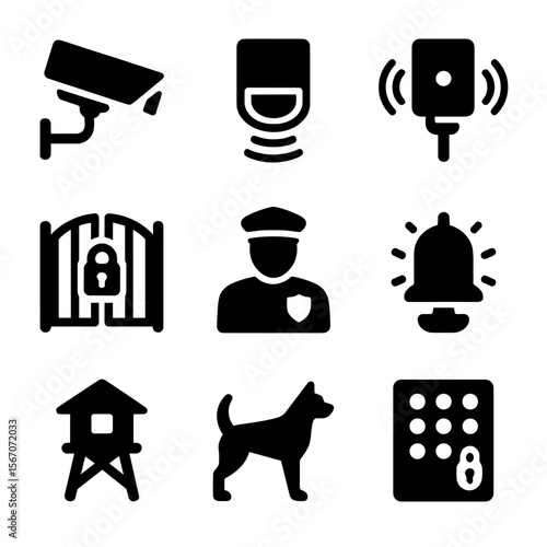 Estate Security Icon Set. Solid, filled icon set of estate security elements: CCTV camera, motion sensor, perimeter alarm, locked