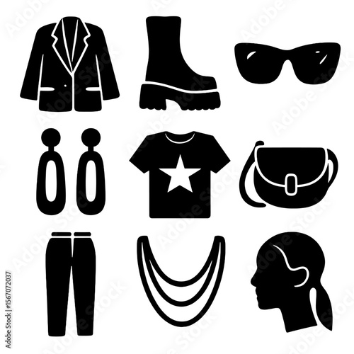Fashion Icon Set. Solid, filled icons set of fashion-forward looks: oversized blazer, platform boots, bold