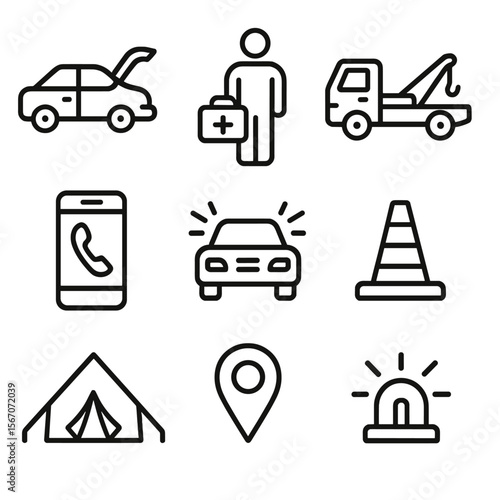 Roadside Assistance Icons. Outline icon set of roadside assistance scenarios: car with open trunk, person holding first aid kit,