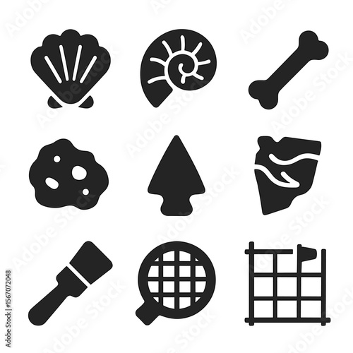 Archaeological Icon Grid. Solid, Filled icon set of buried treasures & fossils: fossil shell, ammonite, bone fragment, gold nugget