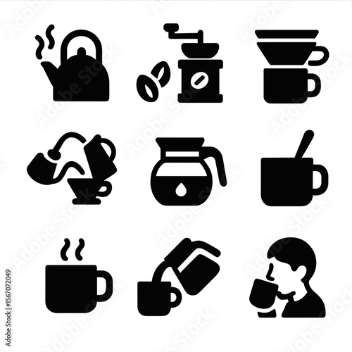 Coffee Icon Steps. Solid, filled icon set of coffee preparation steps: boiling water, grinding beans, placing filter, pouring