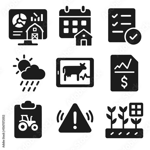 Farm Management Icons. Solid, filled icons set of farm management software: dashboard screen, farm calendar,