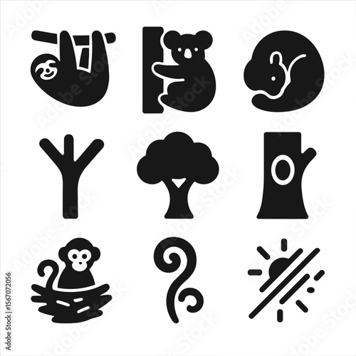 Arboreal Sleepers Icons. Solid, Filled icon set of arboreal sleepers: sloth hanging, koala clinging, squirrel curled, monkey nest,