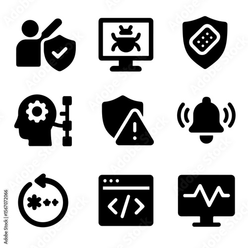 Cybersecurity Icon Set. Solid, filled icon set of proactive cybersecurity measures: penetration test, vulnerability scan, security