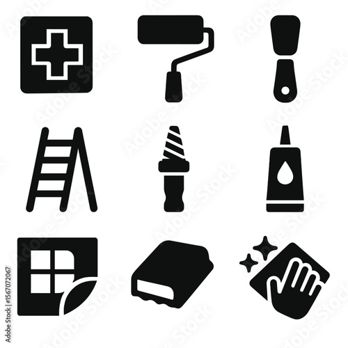 Ceiling Repair Icons. Solid, filled icons set of ceiling repair and maintenance: patch kit, paint roller,