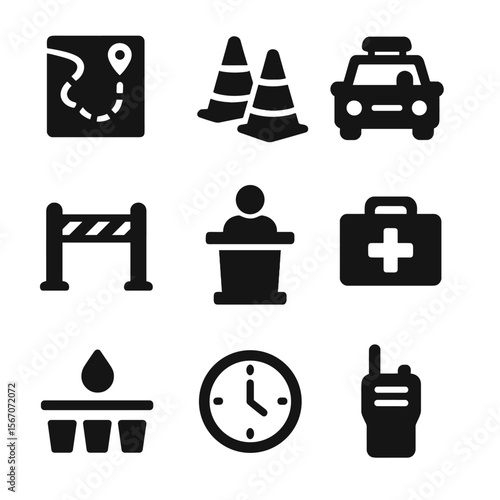 Parade Logistics Icons. Solid, filled icon set of parade logistics: route map, traffic cones, police car, barriers, announcer