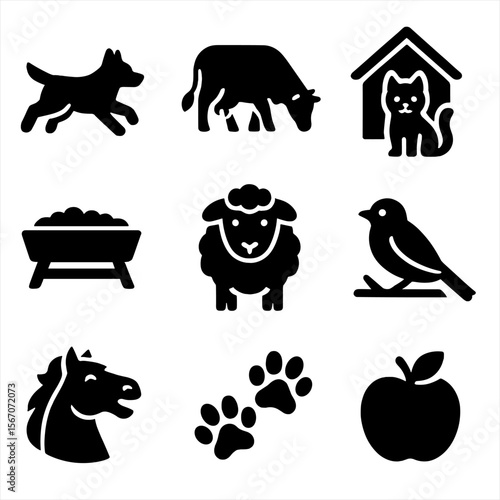 Farm Animal Icons. Solid, filled icons set of farm animals and horse companions: dog running, grazing cow,