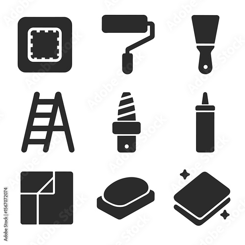 Ceiling Repair Icons. Solid, filled icons set of ceiling repair and maintenance: patch kit, paint roller,