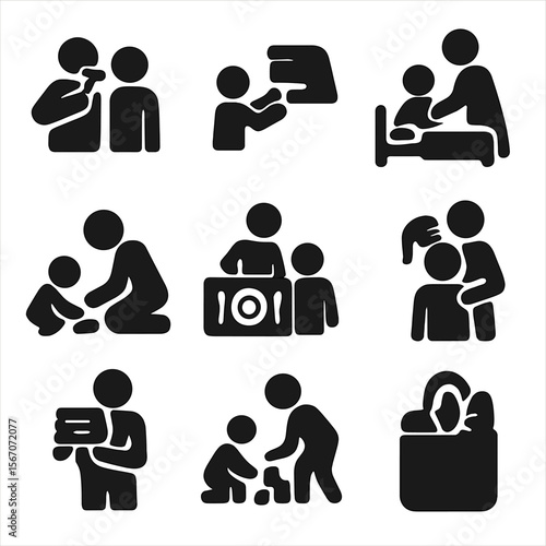 Parent-Child Routine Icons. Solid, filled icon set of parent-child daily routines: brushing teeth, packing lunch, making bed,