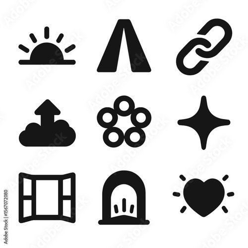 Optimistic Digital Icons. Solid, filled icons set of optimistic digital metaphors: sunrise, path beam,