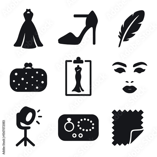 Fashion Icon Grid. Solid, filled icons set of high fashion runway looks: dramatic gown, catwalk heels, feather
