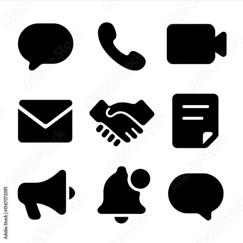 Parental Communication Icons. Solid, filled icon set of parental communication: speech bubble, phone call, video chat, email,