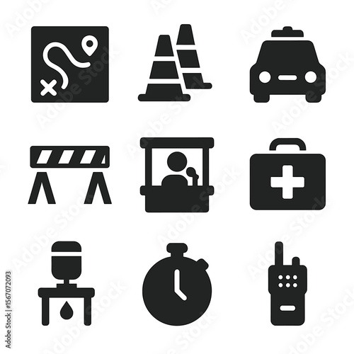 Parade Logistics Icons. Solid, filled icon set of parade logistics: route map, traffic cones, police car, barriers, announcer
